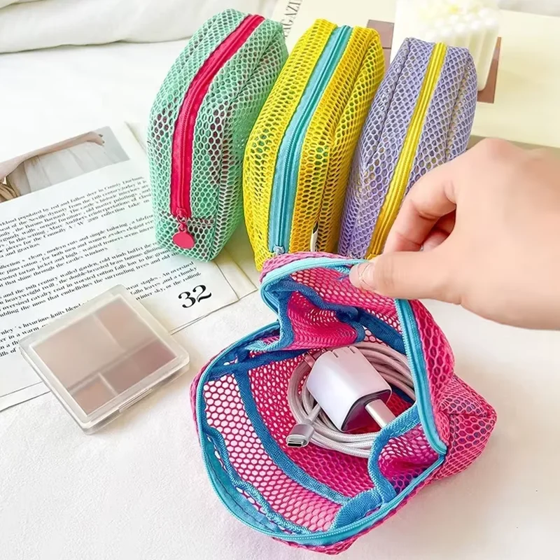 Mini Bolsa de Moedas Portátil, Necessaire de Maquiagem em Tela, Bolsa de Armazenamento em Tecido de Malha Dopamina para Dinheiro, Batom e Sombra, para Viagens e Compras
