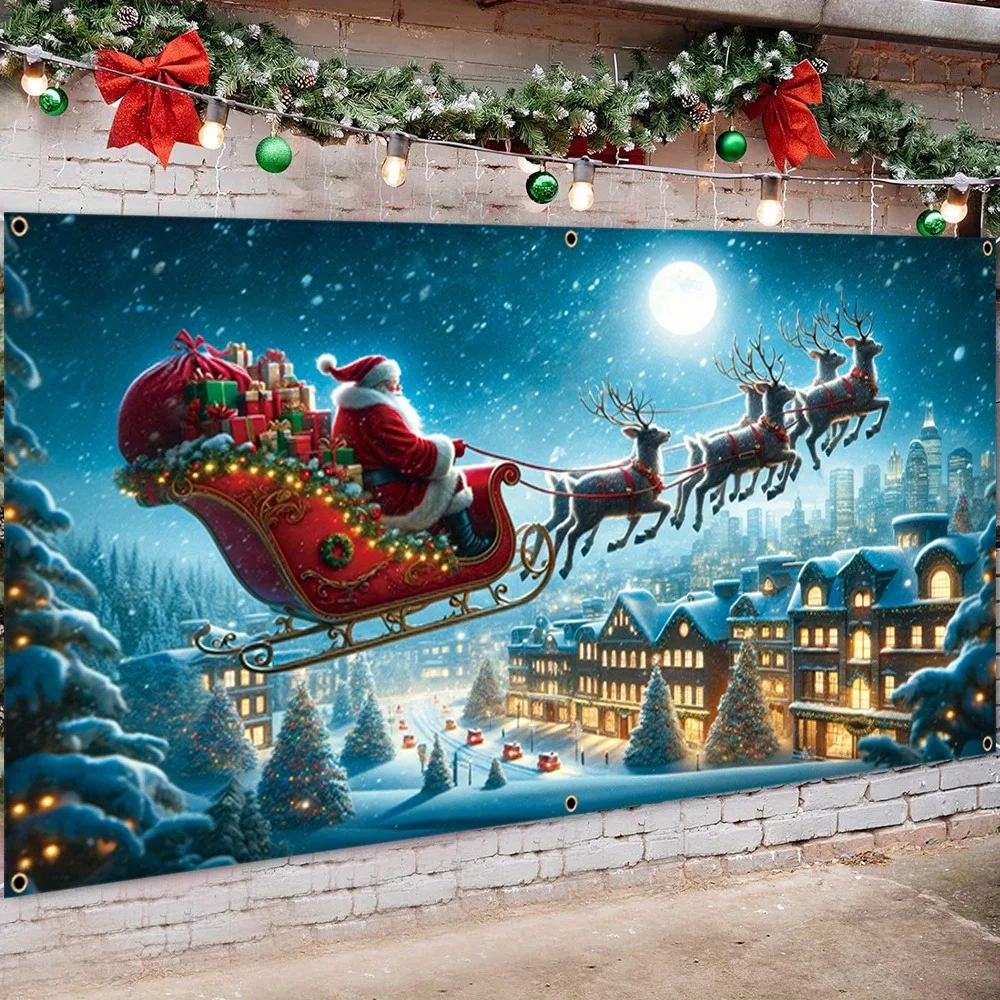 Large Christmas garage door banner Santa with reindeer sleigh design, durable polyester