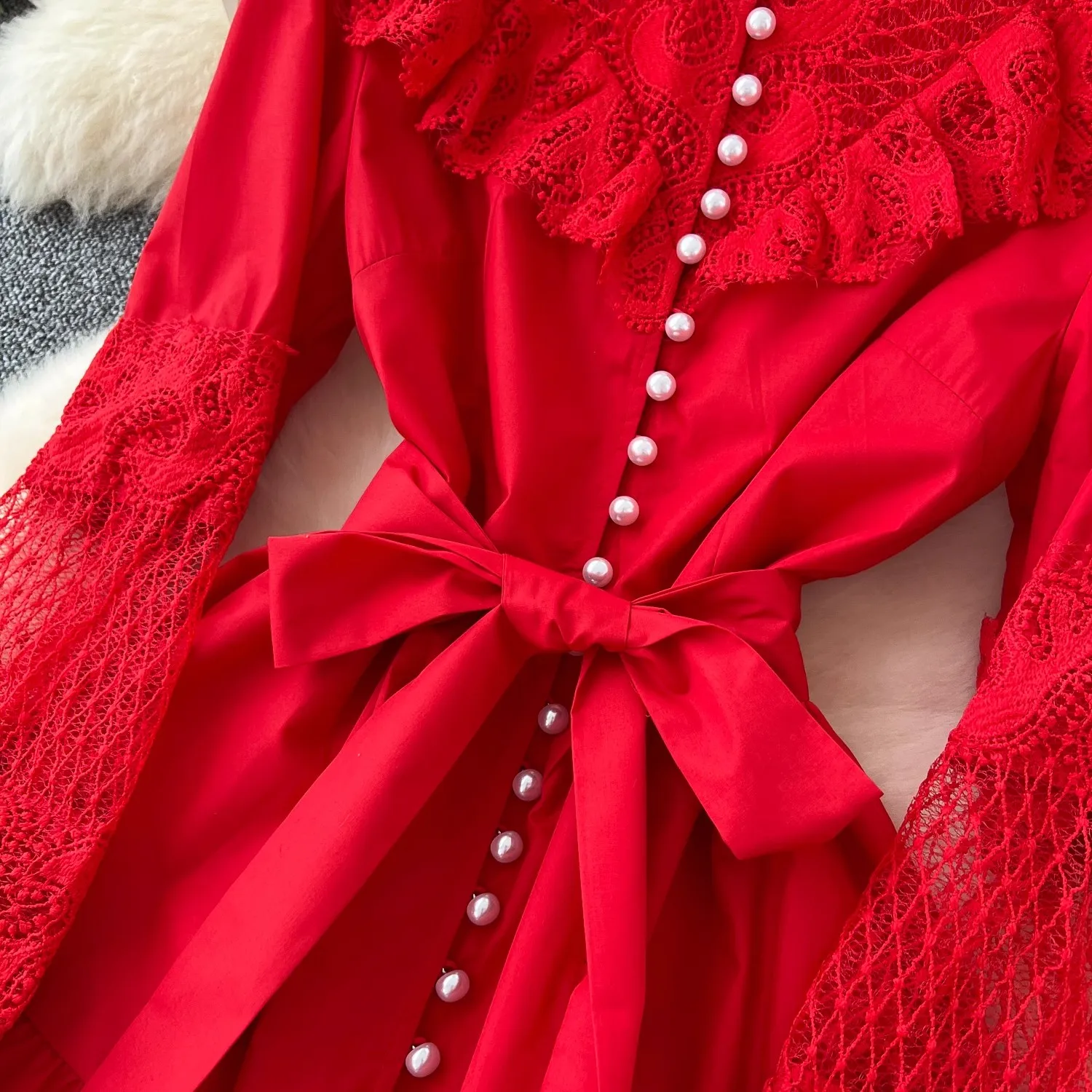 滑走路フリルフラワーレース刺繍パッチワークレッドロングパーティードレス女性の真珠シングルブレストヴィンテージイブニングプロム Vestido