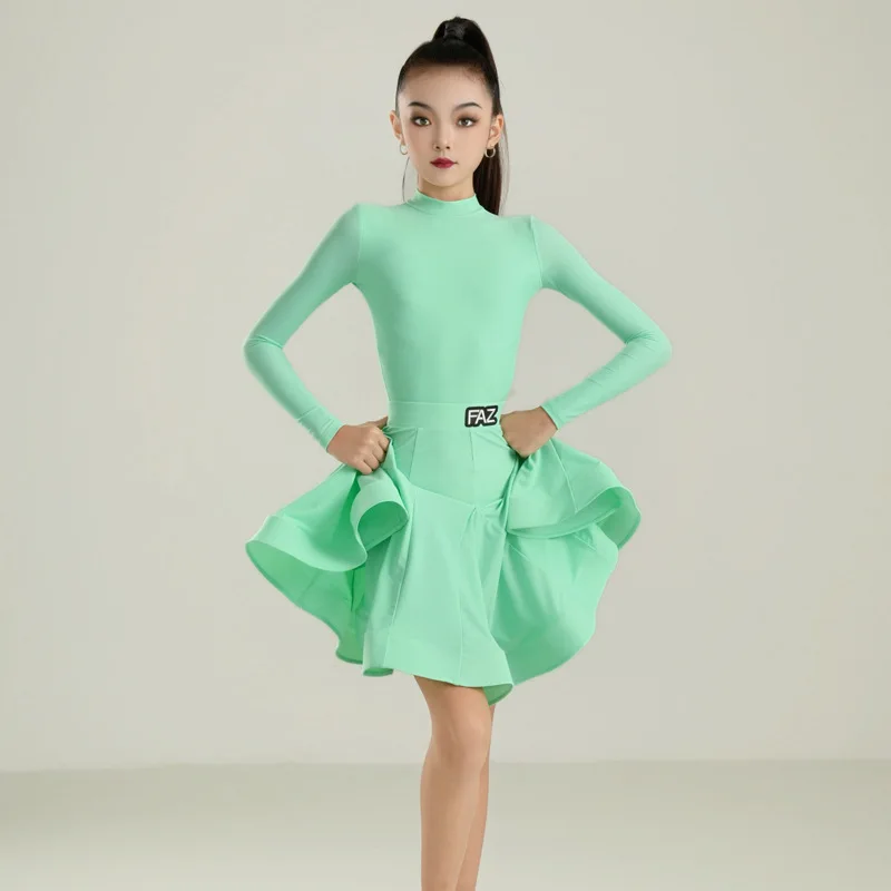 여아용 FAZ 라틴 댄스 스커트 대회, 대형 스커트, 공연 의상 포함, 9 가지 색상 볼룸 원피스 표준