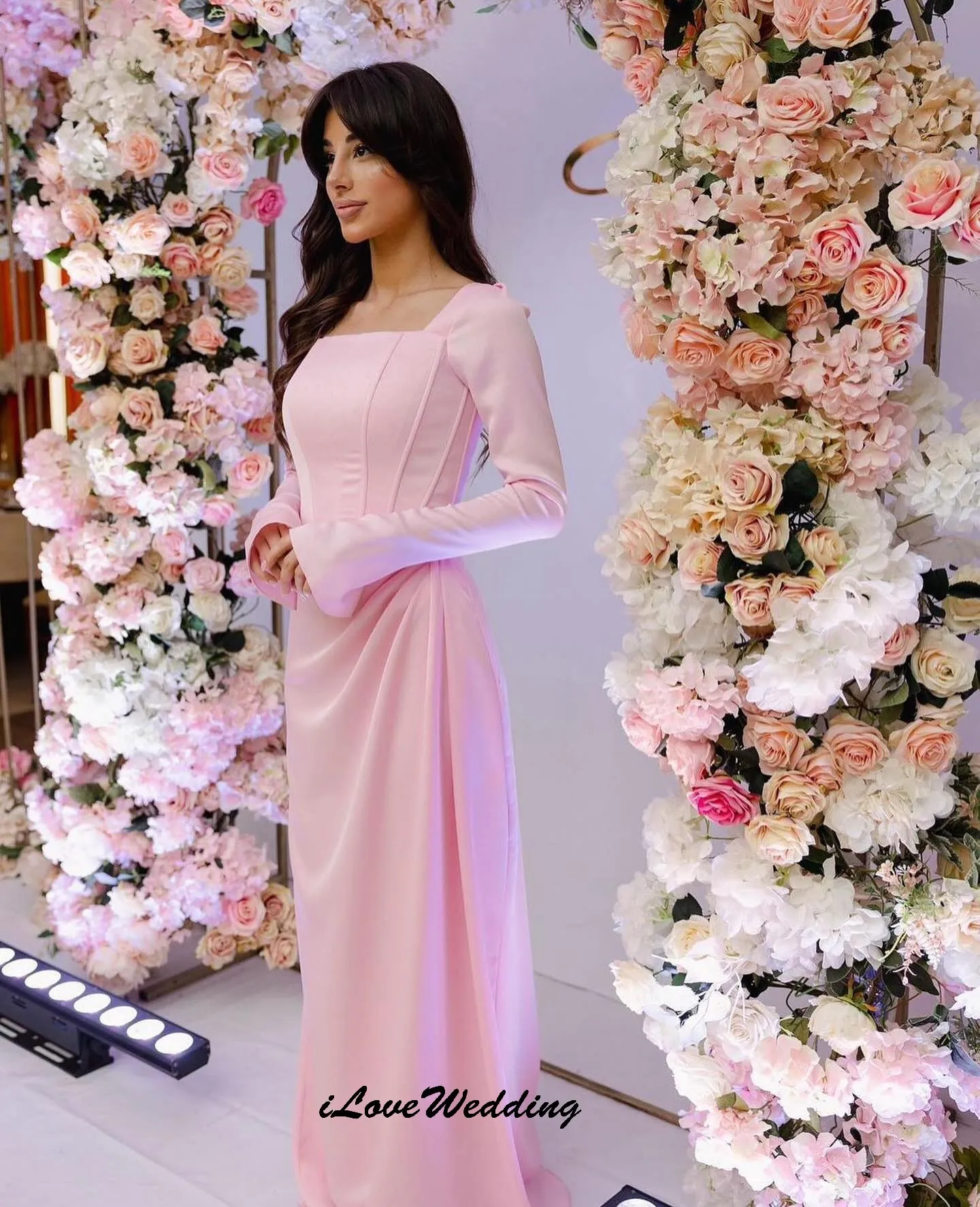 

Pink Long Sleeve Evening Dresses 2025 Square Neck Elegant Women Dress Formal Gowns For Woman Wedding Party Dress Gala Customized