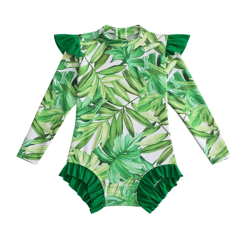 Summer Girls Clothes Children Swimwear Fruit Palm Leaves Print Zipper Ruffles Bodysuits Swimsuits Bathing Suits Swmming Clothing