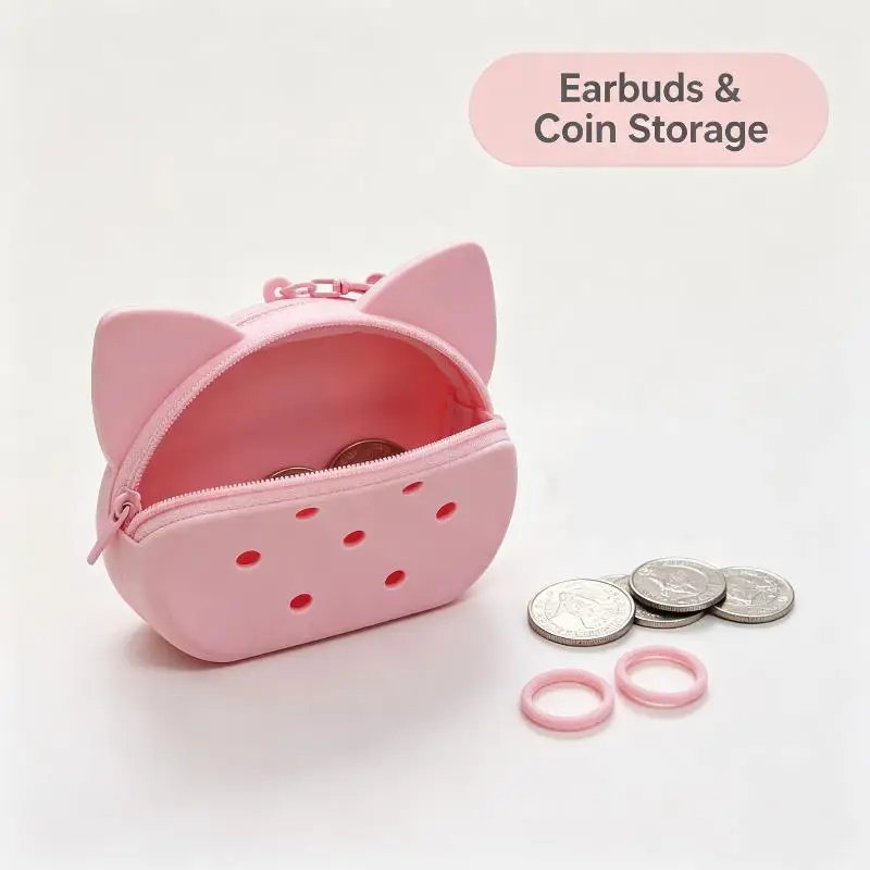 1 PCS Cute Cat Ears Silicone Wallet Holes Travel Organizer Card Holder Zipper Closure Coin Purse Women Use