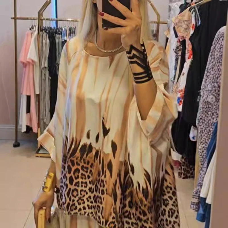 2024 Spring Autumn Leopard Printed Elegant Women Suit O-Neck Long Sleeved Blouse Tops Wide Leg Pants Set Two Pieces Loose Outfit