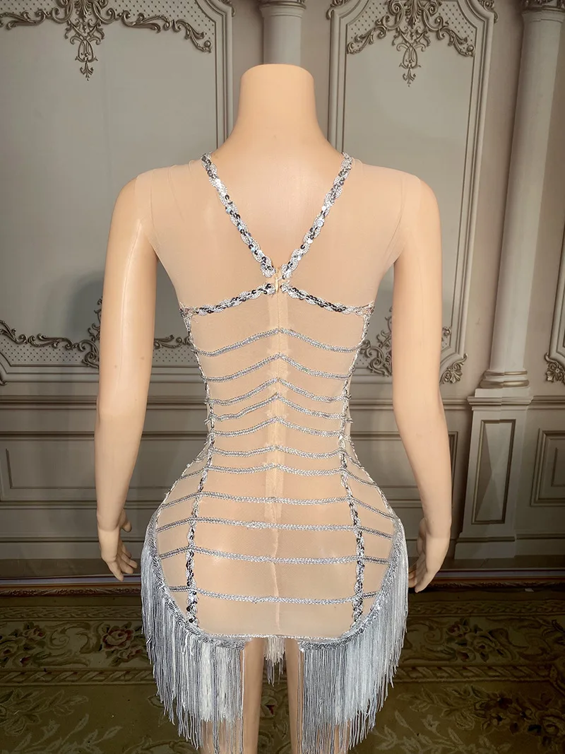 Customized New Tassels  Mesh lace Transparent High Elastic Short Sleeve Sequins Sexy Tight Party Dress  Stage Performance Dress