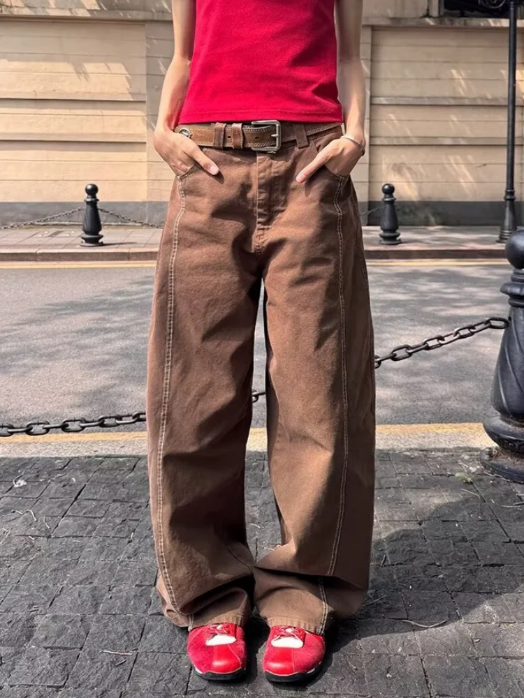 

2025 American Retro Y2K Fashion Rivet Design Brown Baggy Women's Jeans Pants Woman Clothing Wide Leg Gothic Loose Long Trousers