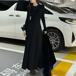 Korean Fashion Autumn Winner New Dresses Women Solid O-Neck Corset Temperament All-match A-line Slim Loog Sleeve Long Dresses