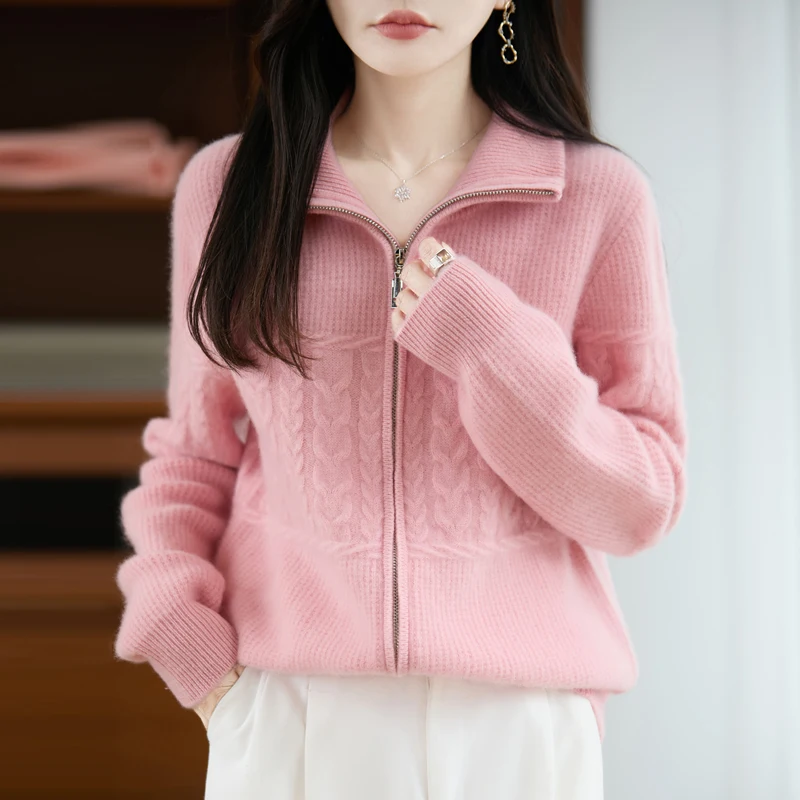 

Новый вязаный женский кардиган, свитер с воротником, теплый и удобный женский свитер из 100% шерсти с длинными рукавами, осень и зима