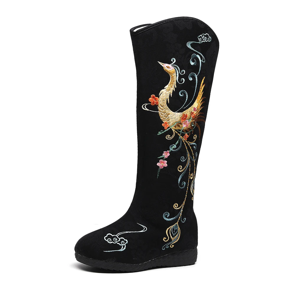 Veowalk 6cm Inside Wedge High Heel Winter Women Cotton Warm Lining Mid-Calf Long Boots Chinese Embroidered Shoes Black White