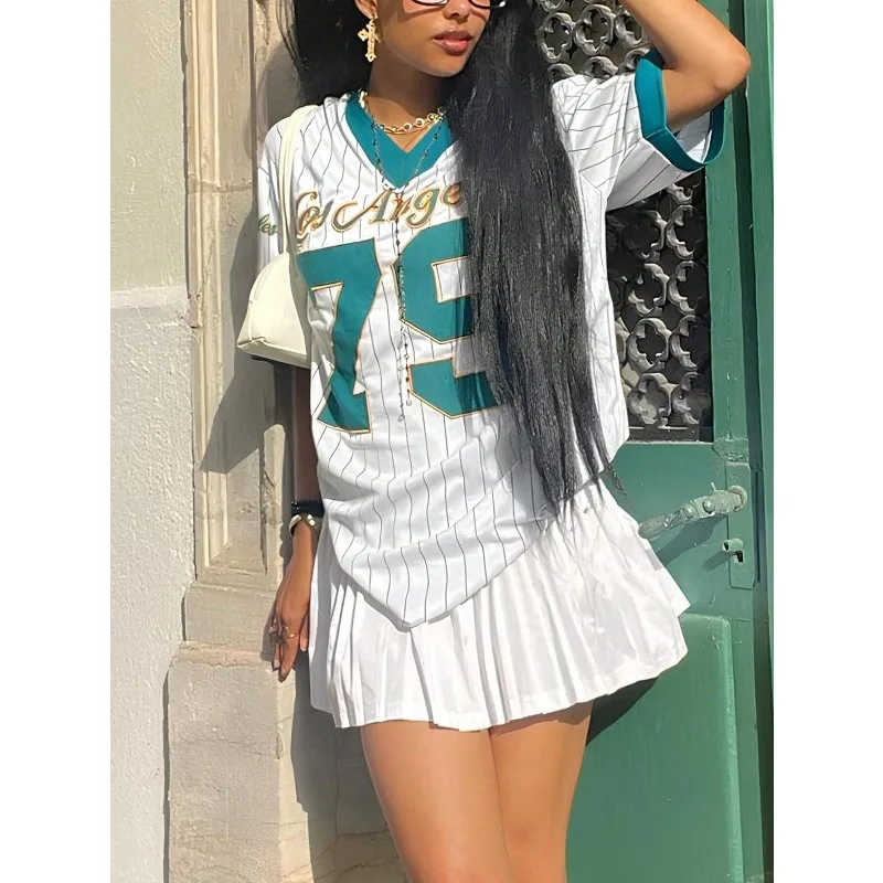 

Women's Los Angeles Letter 3D Printed V-neck Short Sleeved T-shirt, Summer Pattern Baseball Shirt, Oversized Sports T-shirt