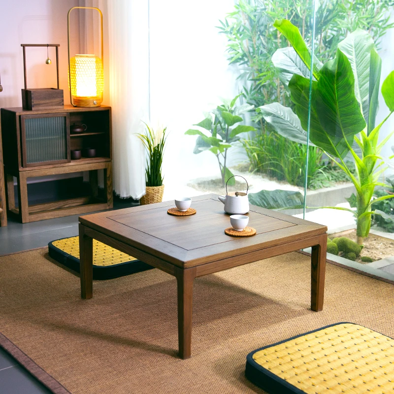 Elm Wood Tatami Table Traditional Chinese Tea Table Minimalist Square Coffee Tables Asian Style Floor Desk for Meditation/Dining