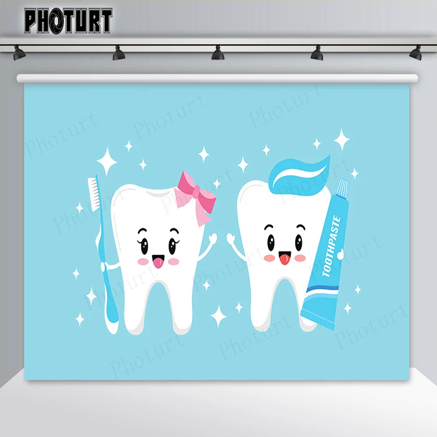 PHOTURT My First Tooth Backdrop 1st Birthday Baby Shower Background Blue Pink Cartoon Vinyl Photography Decoration Props