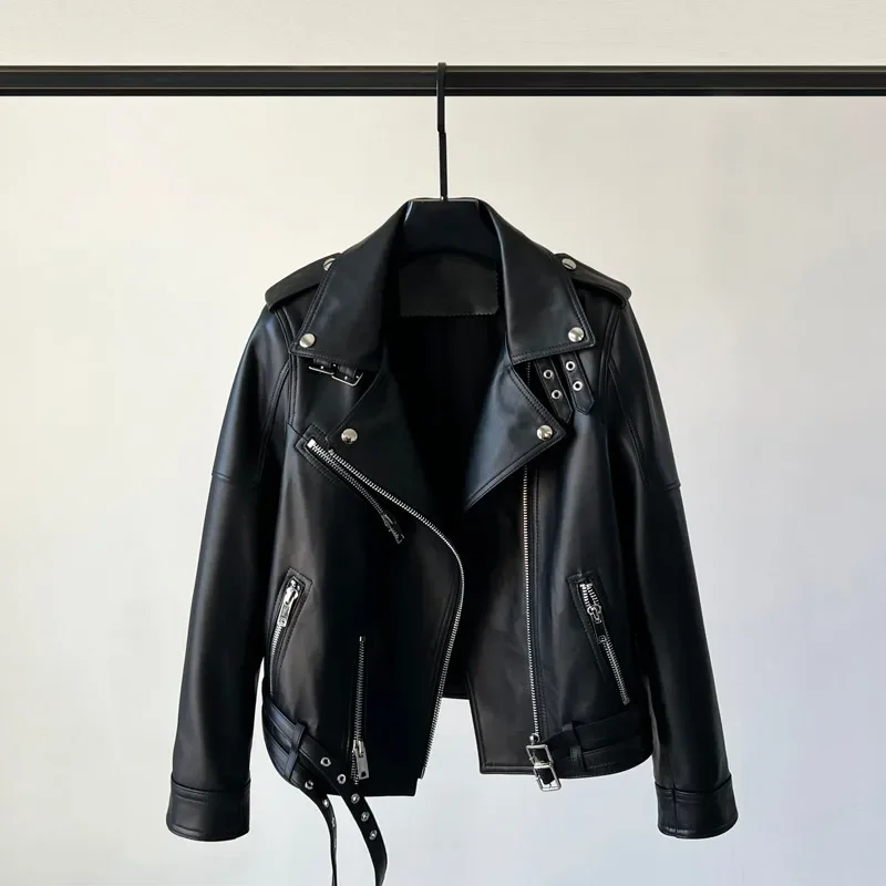 

New Genuine Leather Women's Short Sheepskin Zipper Leather Lace-up Rivets Slimming Coat Trendy