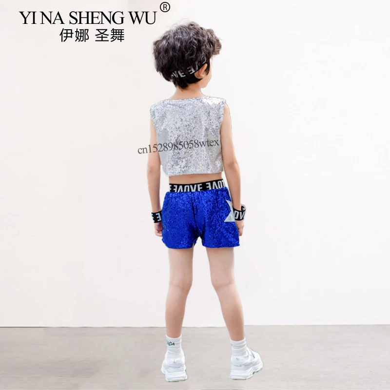 Roupas de dança jazz crianças meninas meninos lantejoulas colheita topo & saia/shorts conjunto líder de torcida dança de rua jazz palco desempenho traje
