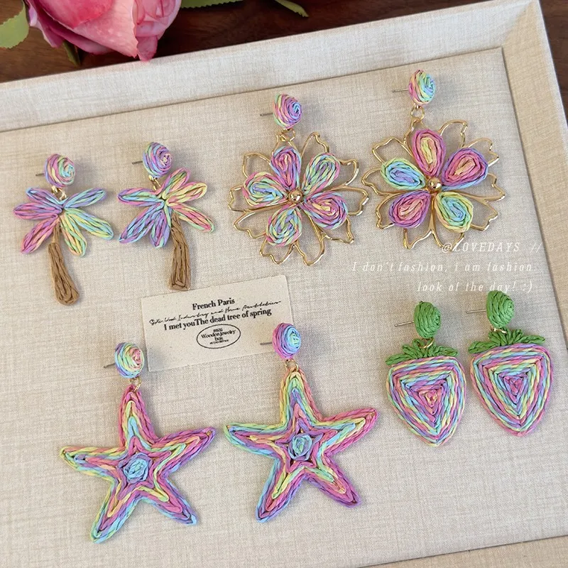 

Spring Summer Beach Vacation Style Colorful Straw Earrings for Women Statement Seaside Photo Prop Slim Face Ear Studs Party Use