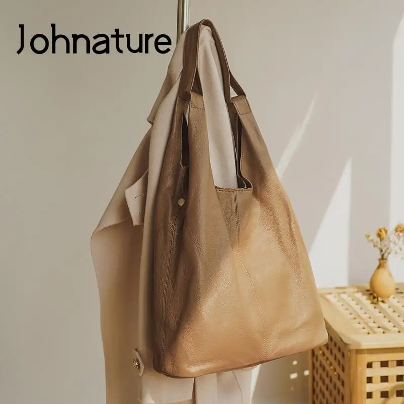 Johnature Casual Commuter Women Bag Genuine Leather 2024 New Versatile Large Capacity Soft Real Cowhide Shoulder Bags