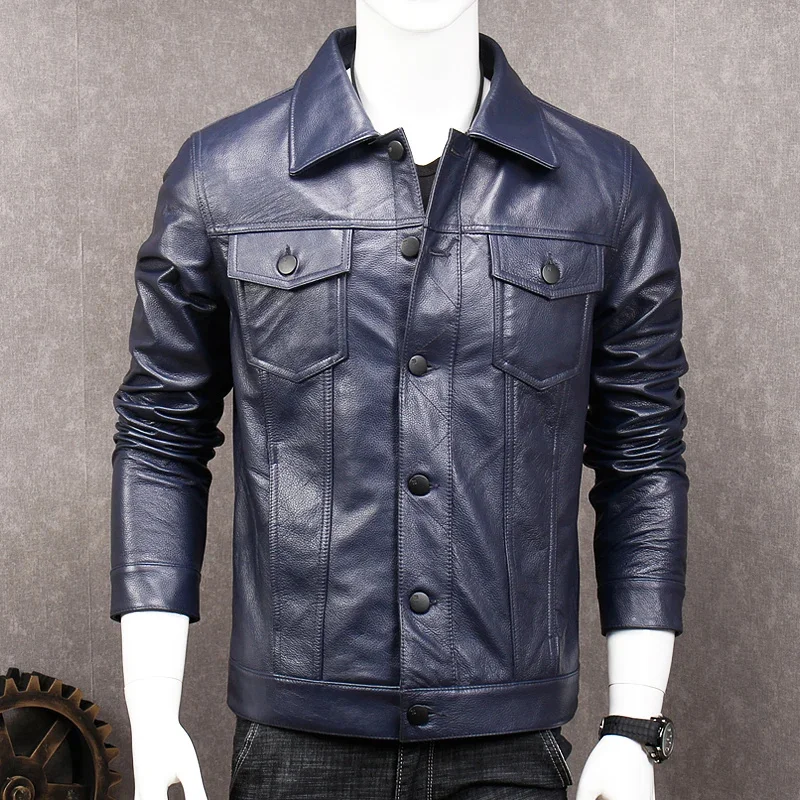 High Quality Men Genuine Leather Pilot Jacket Slim Fit Motor Biker Windbreaker Coat Vintage Single Breasted Cow Aviator