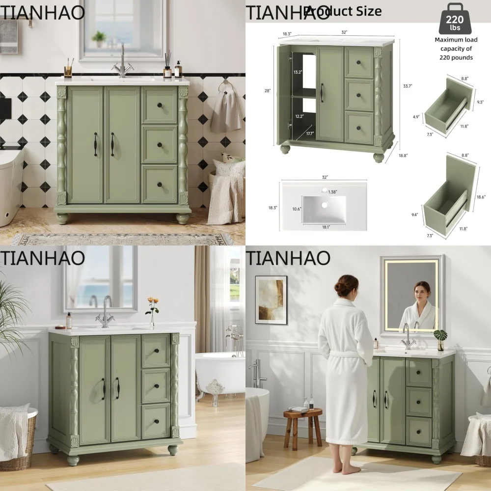 Modern Freestanding Vanity Cabinet with Adjustable Shelf 2 Drawers 2 Doors Ceramic Top for Bathroom Remodeling Storage