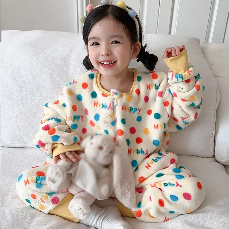 Children\'s Flannel Thickened Split Leg Sleeping Bag Baby Warm Pajamas One-piece Anti-kick Quilt Loungewear