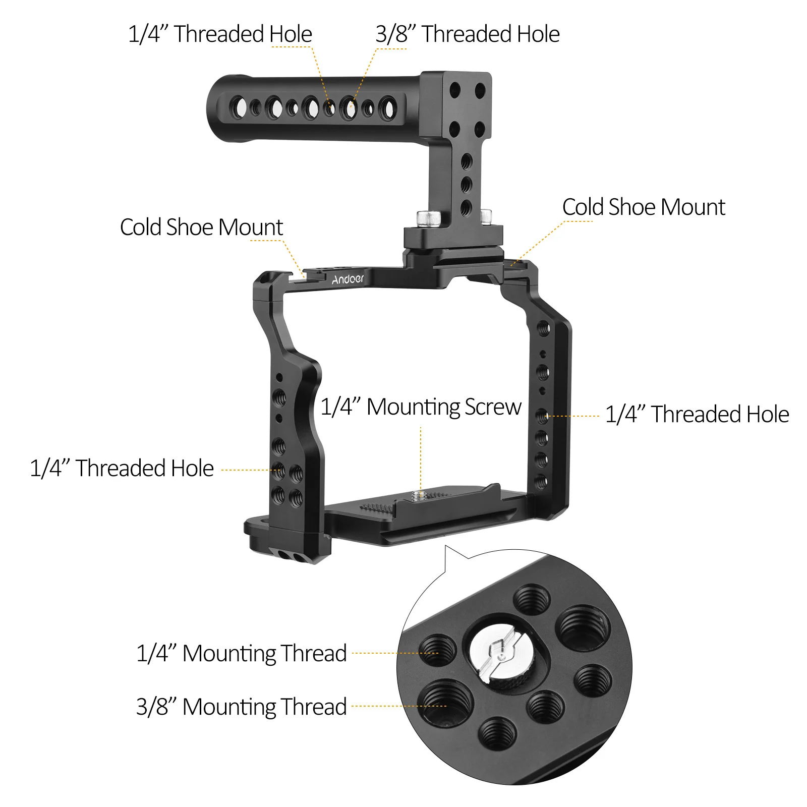 Andoer Camera Video Cage + Top Handle with Dual Cold Shoe Mounts 1/4 Inch Threads for Sony A7IV/A7III/A7II/A7R III/A7R II/A7S II