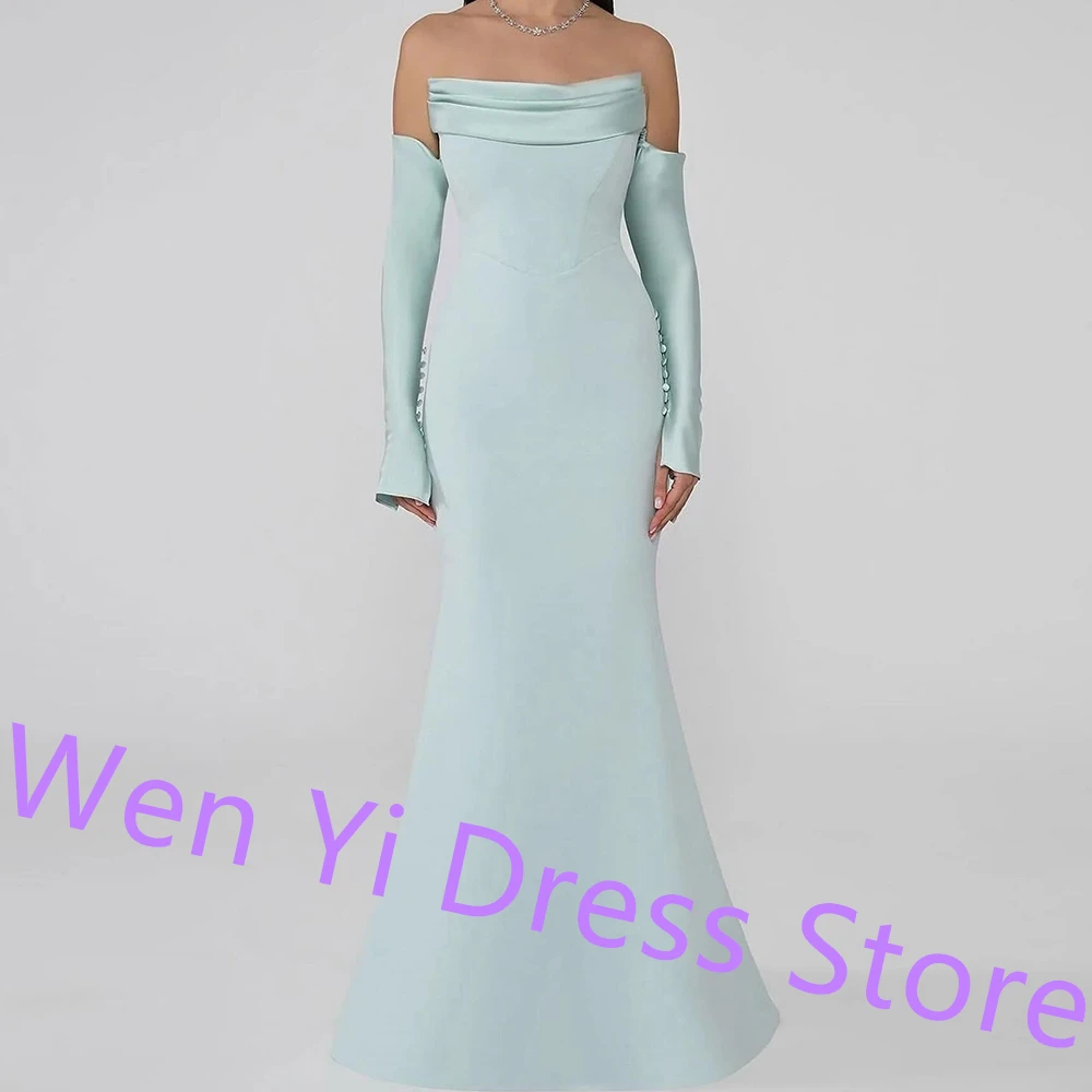 Classic Mermaid Zipper Back Sweep Train Evening Dresses for Special Occasions Strapless Jersey Detachable Long Sleeves Buttons