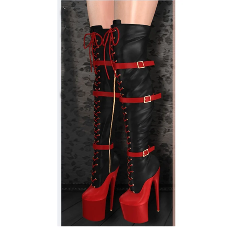 Black Red Buckle Lace Up Platform Boots Thin High Heel Round Toe Fashion Sexy 2024 Winter Big Size Woman Shoes Zapatillas Mujer