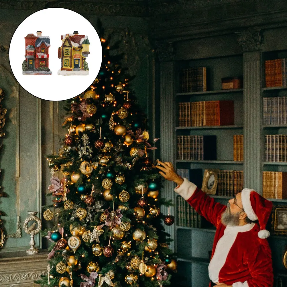 

2Pcs Christmas Mini Luminous Resin Houses Xmas Decor Chic Festival Desktop Ornament Party Supplies Christmas Mini Luminous