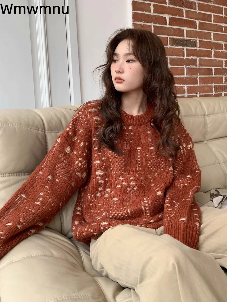 

O-Neck Ripped Knitted Sweater Women's Casual Baggy Long Sleeved Soft Knitwear Pullovers Sueter Loose Korean Fashion Soft Jumpers