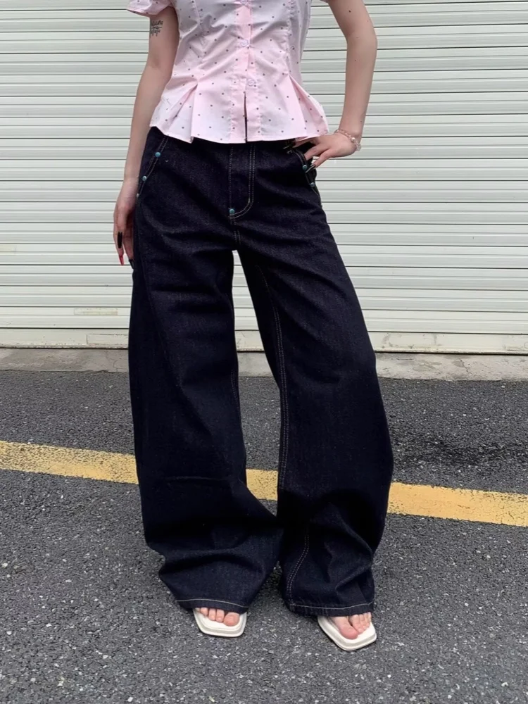 2025 Ropa Y2K Fashion Button Design Dark Blue Baggy Jeans Pants For Women Clothing Wide Leg Lady Casual Trousers Pantalon Femme: