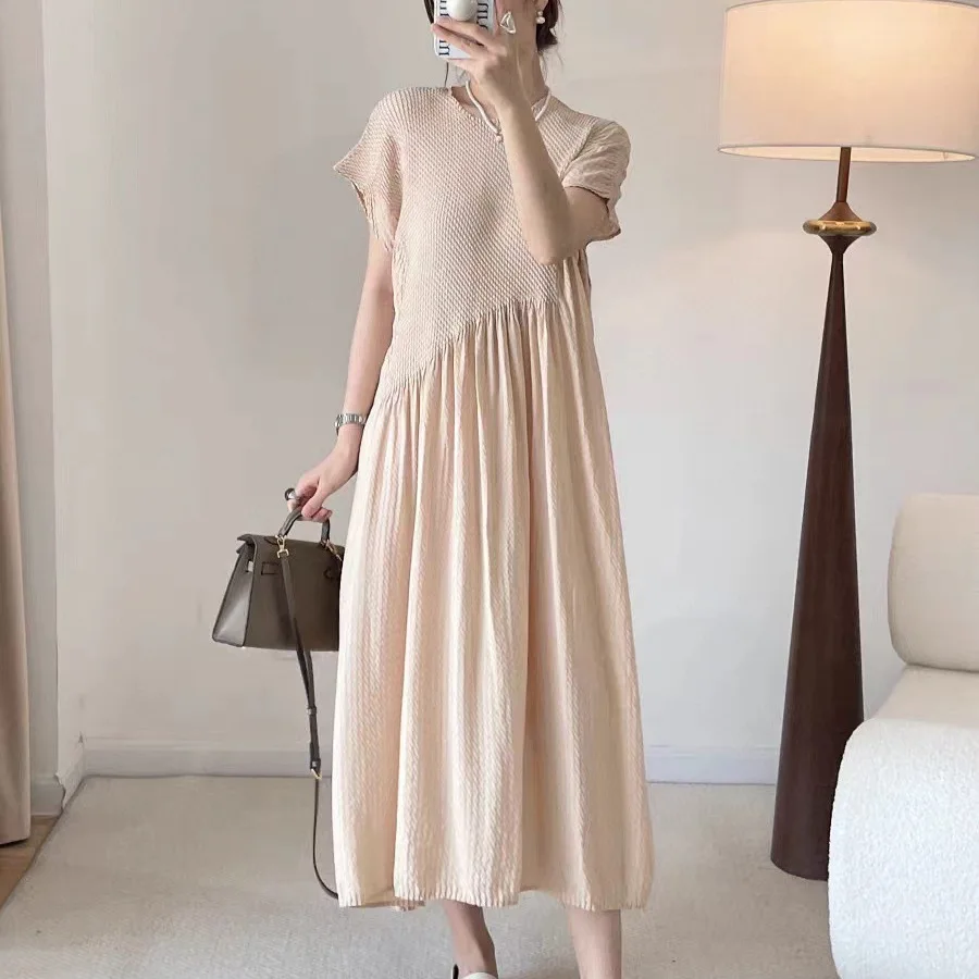 

Pleats Pleats Dresses Big Size Short Sleeve Round Neck Elegant Dress Women Solid Color Long Dress Splicing Commuter Slim Skirt