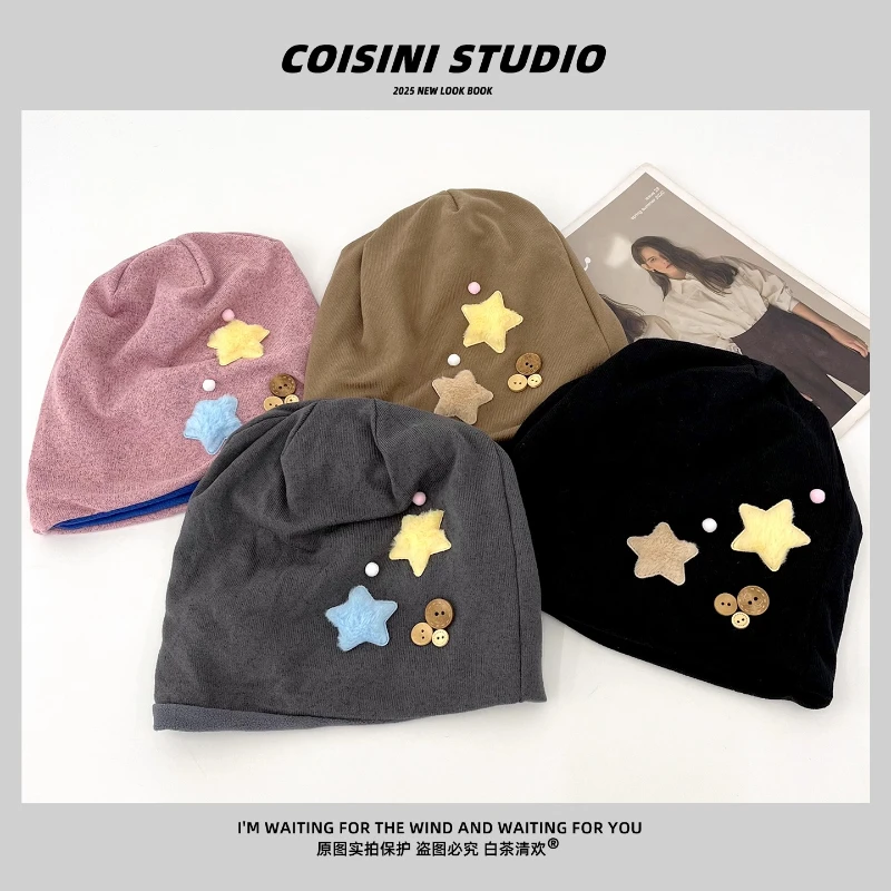 

Ins Cute Plush Star Button Design Beanies for Women Autumn and Winter Casual Versatile Thermal Ear Protector Pullover Hat Y2K