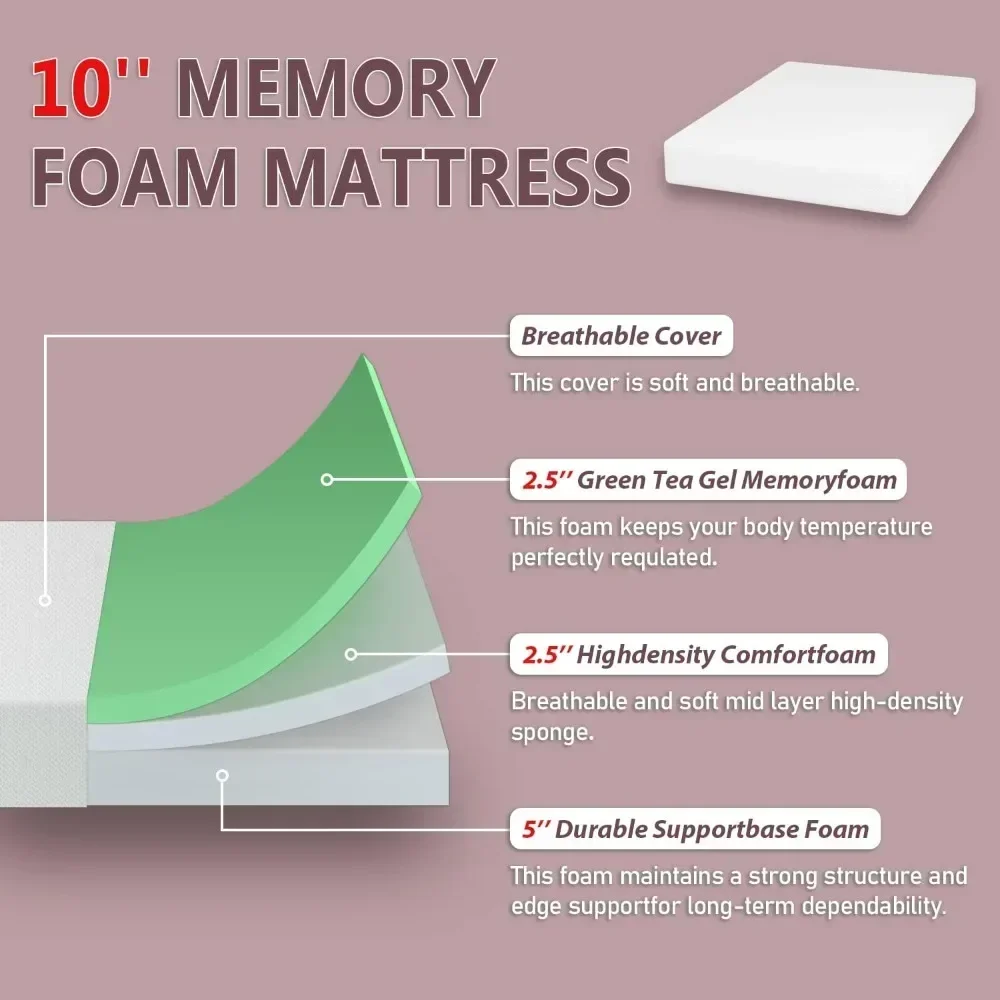 10 Inch twin Queen, full, king, Mattress Green Tea Memory Foam Mattress, Removable Soft Cover,Fiberglass Free,Queen mattresses