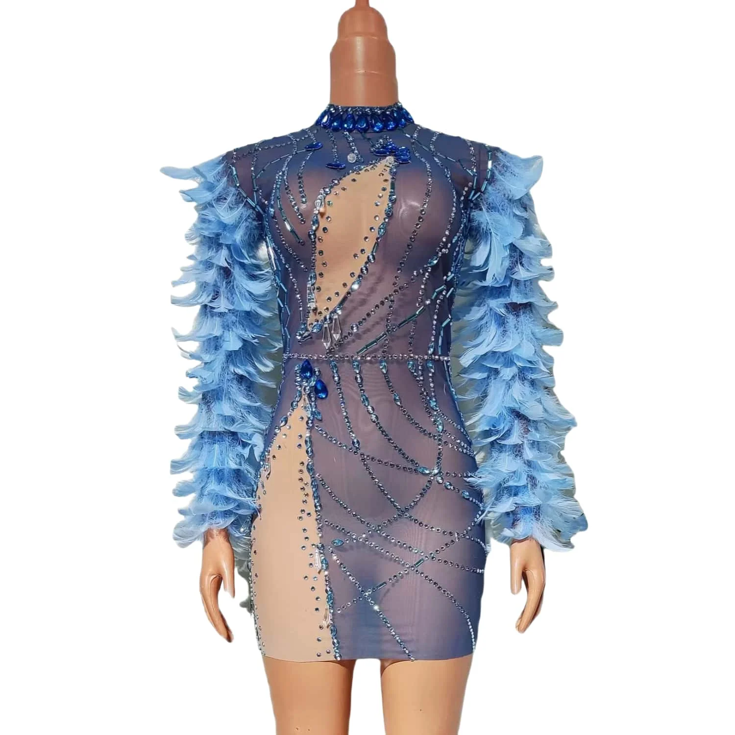 

Shanling Serene For Evening Dress Blue Feather Long Sleeved See Through Mesh Diamond Short Skirt Cocktail Graduation Prom Gowns