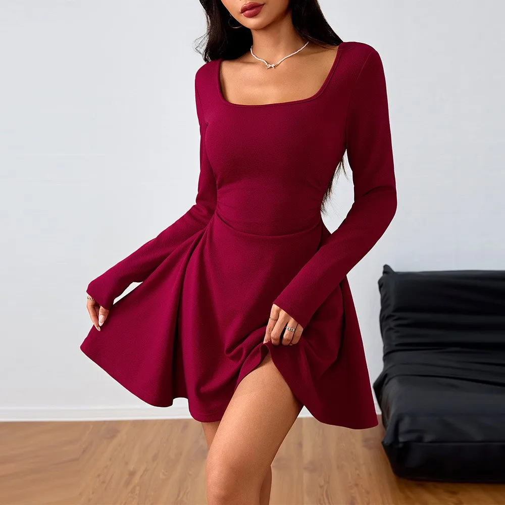 

Summer Birthday For Woman Dress Square Neck High Waist Elegant Party Dress Pleated Skirt Burgundy Mini Short A Line Skirt
