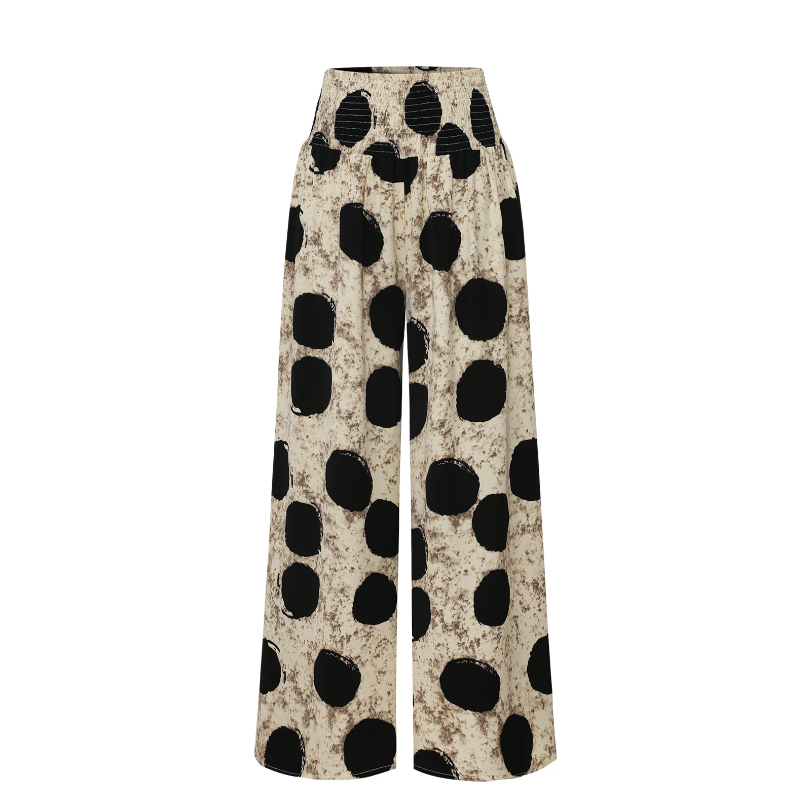 Pantaloni a Gamba Larga da Donna Stile Retrò a Pois con Vita Alta Arricciata ed Elastica per Primavera ed Estate, Casual per Vacanze e Ufficio