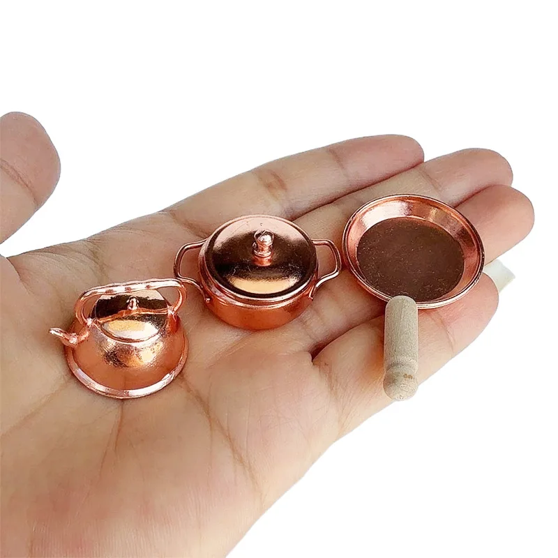3pcs Dollhouse Mini Frying Pan Soup Pot Kettle Cookware Set 1:12 Miniature Simulation Kitchen Utensils Model Accessories Decor