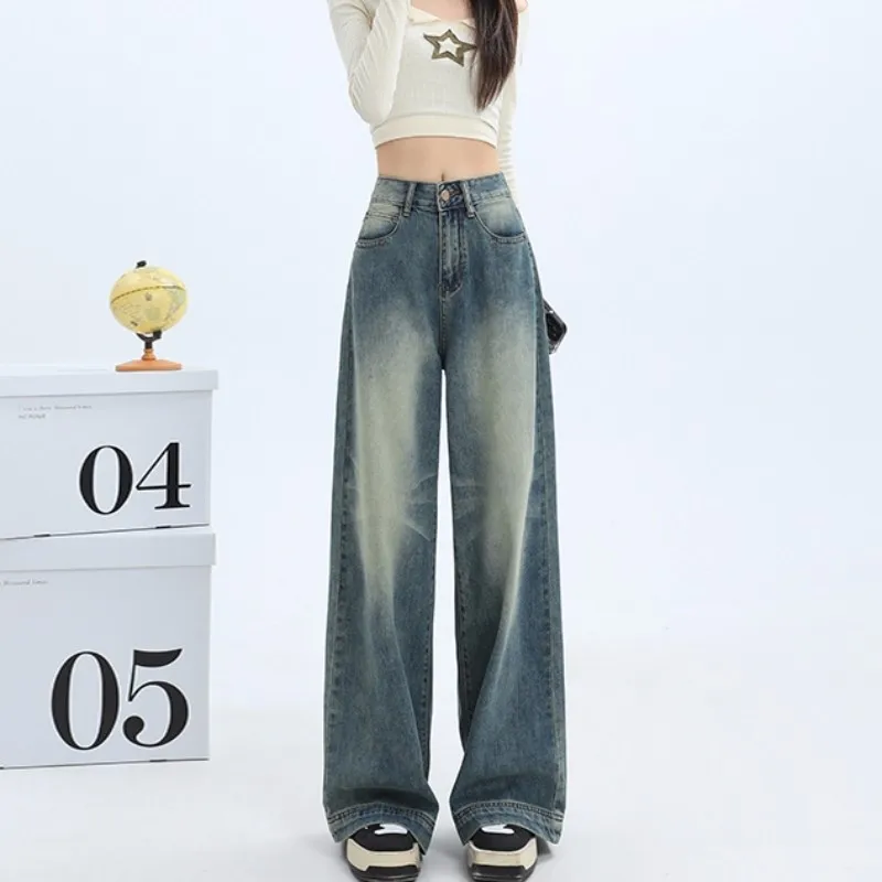 FINEWORDS Vintage Washed Blue High Waist Jeans Women Casual Korean Wide Leg Baggy Jeans Streetwear y2k punk Loose Denim Pants