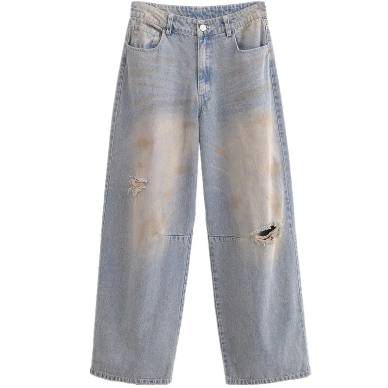 ربيع 2025 جينز نسائي ممزق من قماش الدنيم عتيق مع مظهر بالون قطع l سروال طويل الخصر من قماش الدنيم للسيدات