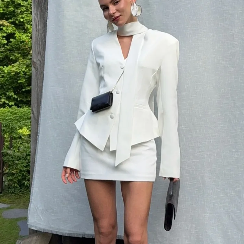 Elegant Women White 2 Piece Suit Set V Neck Long Sleeve Peplum Blazer High Waist Skirt Office Commuter Formal Matching Outfit
