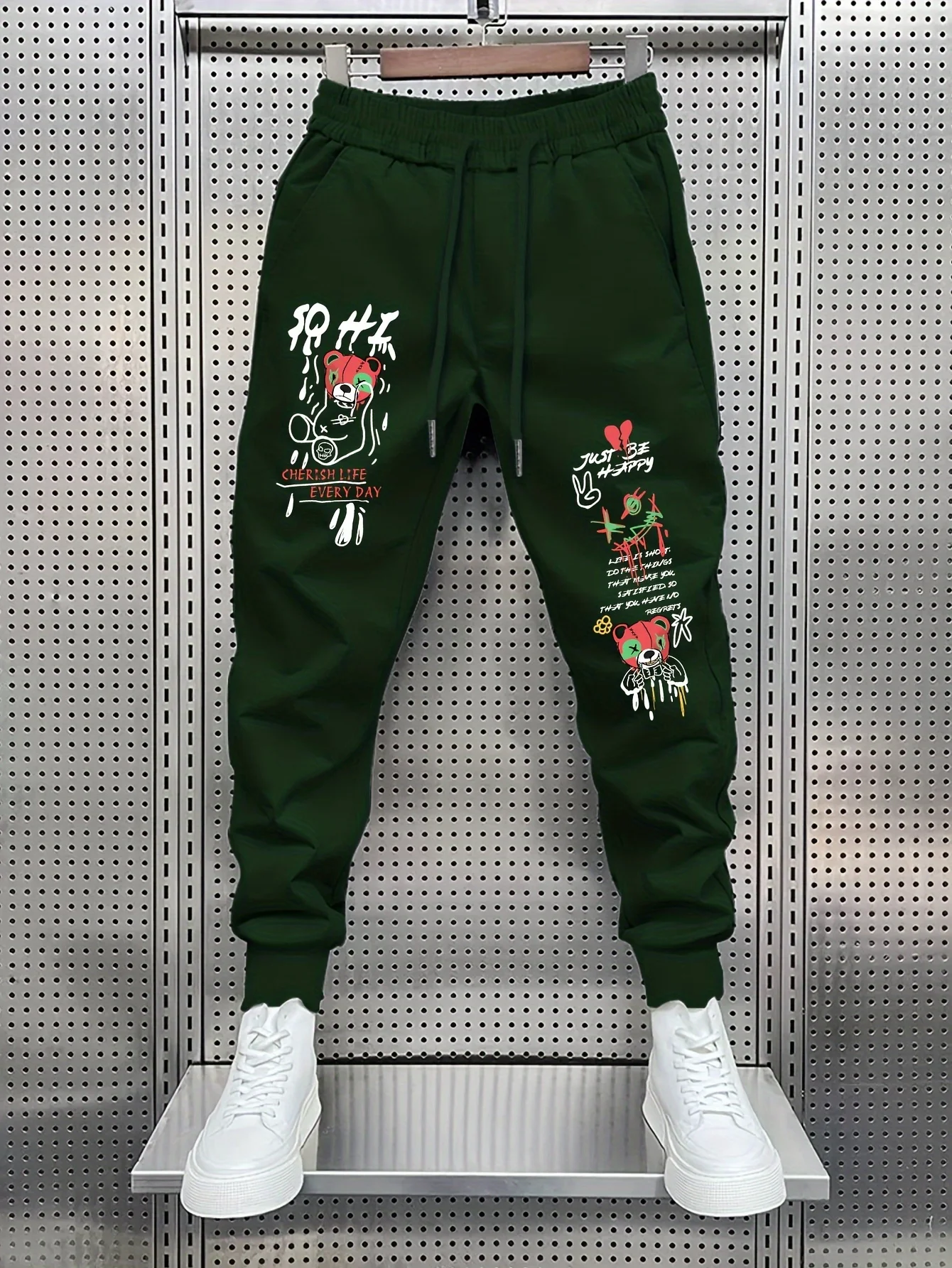 Vibrant graffiti bear with multi street slogan print graphic sweatpants for men hip hop sports street jogger trousers