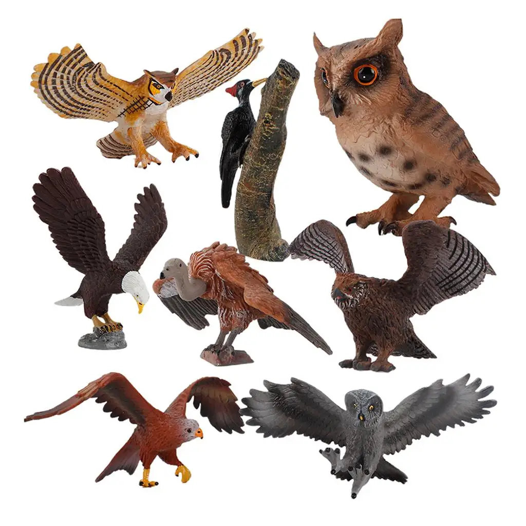 

8PCS Textures Bird Figurines, tiny birds Animal Figures Toy Set Includes Bald Owl, , Aulture, Carving Owl..