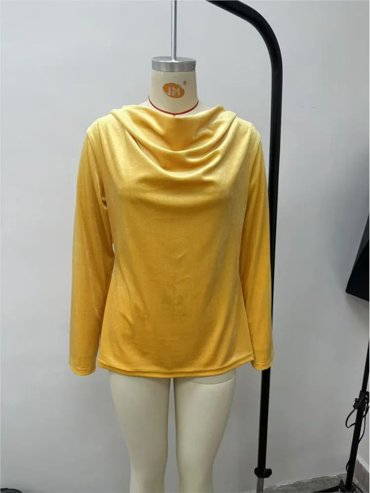 المرأة عادية الذهب المخملية قمة ربيع الخريف موضة الصلبة سوينغ طوق بأكمام طويلة بلوزات فضفاضة اليومية تنوعا السيدات البلوزات #6