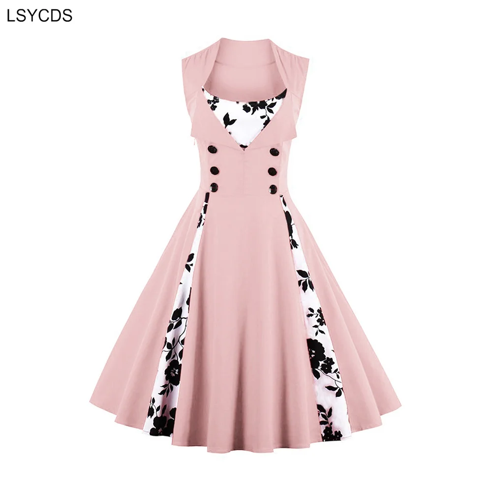 LSYCDS Women Cotton Dresses Floral Patchwork Summer Sleeveless Retro Dress Button High Waist Birthday Party S-XXXL Vintage Dress