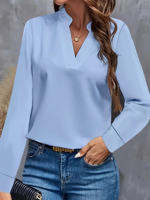 Autumn Simple Casual Solid Color V-Neck Loose Shirt Top Temperament Commuting Retro Top for Women Quick Delivery of Spot Goods