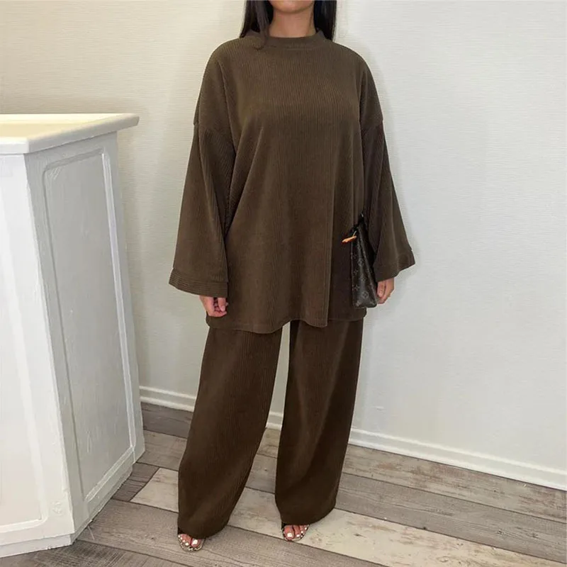 Fall Solid Rib Corduroy Two Piece Set Women Casual Round Neck Top Pullover & Wide Leg Pants Outfits Long Sleeve Warm Winter Suit