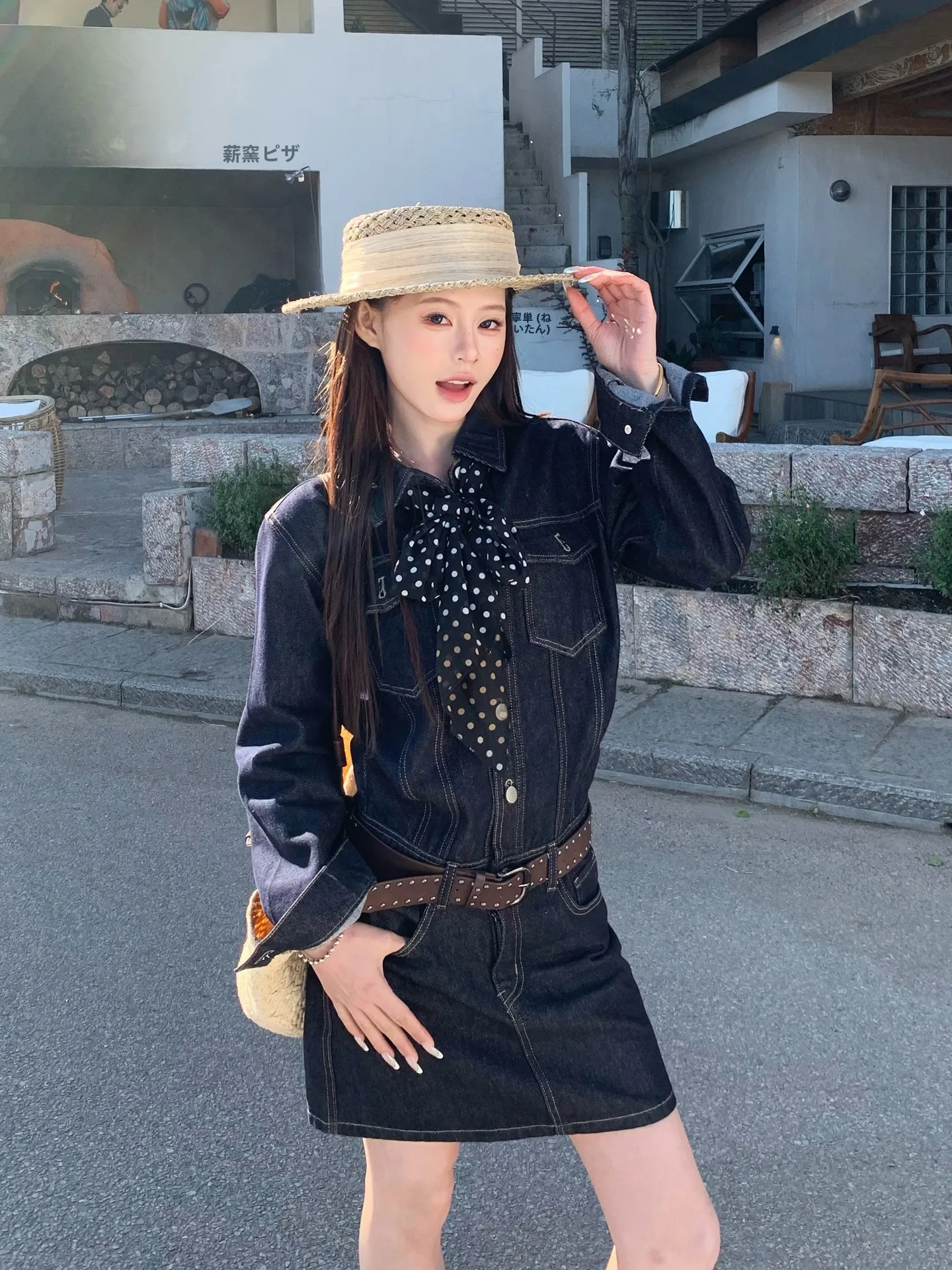 

Retro Blue Denim Dr Women's Long Sve Spring Slimming ort Skirt Korean Sle Casual Cotton Polyester Blend Jeans Dr
