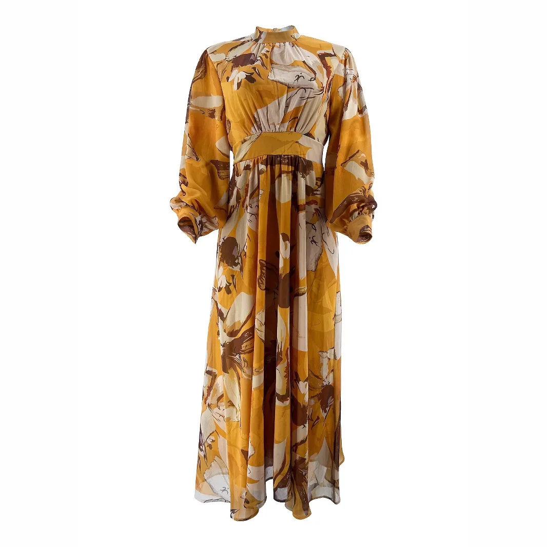 Nova chegada modesto vestido feminino impressão floral amarelo fino ajuste chiffon gola vintage moda cintura natural abaya