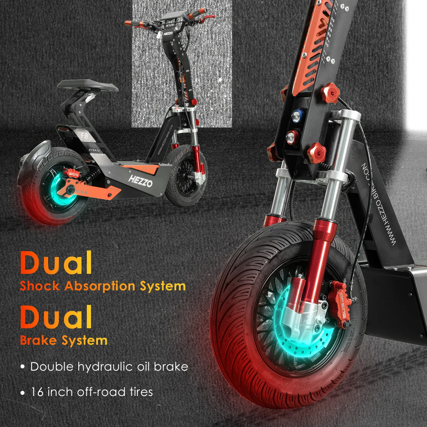 HEZZO 72v 8000W 62Mph Off-road F8 Electric Scooter 16Inch Fat Tire 50Ah 93Miles Long Range Escooter Foldable Motorbike With Seat