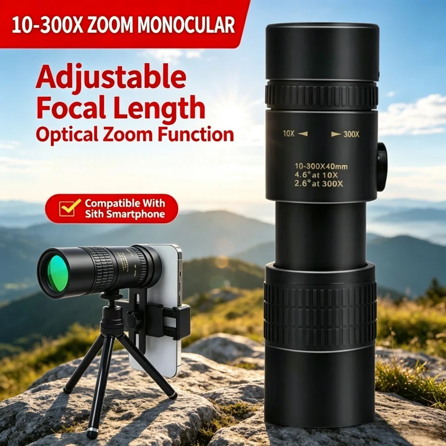 10‑300x40 HD Zoom Monocular Telescope High‑Power Long‑Range Monocular Spyglass Low‑Light Observation Scope for Outdoor Camping