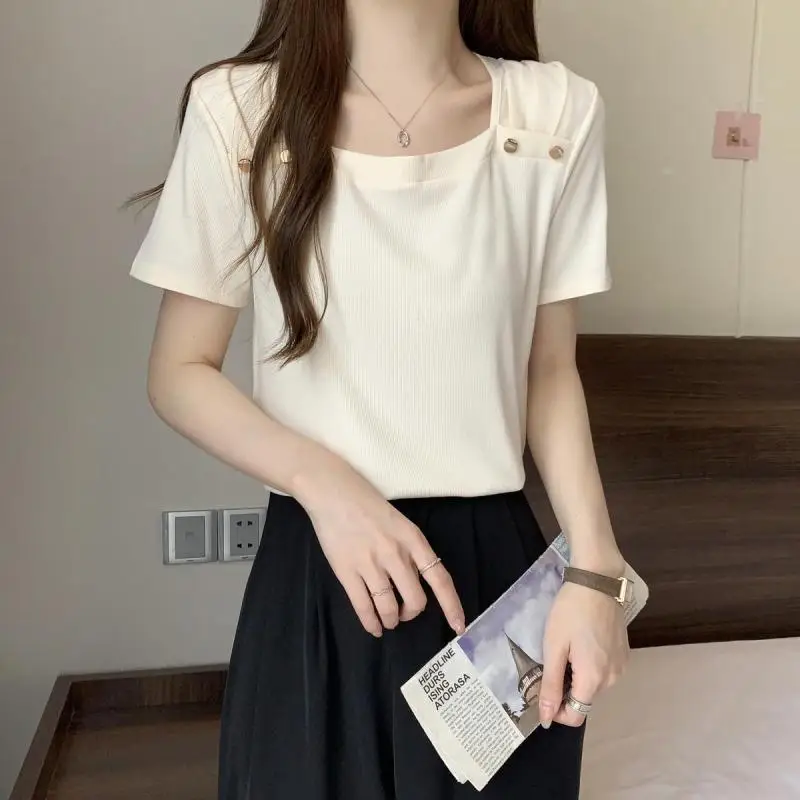 Women Summer Simplicity Slim Fashionable Appear Thin Irregular Square Collar Short Sleeve T-Shirt Ladies Casual All-match Tops